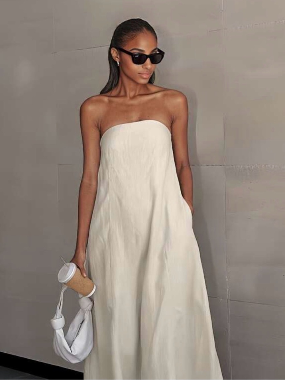 NEW Beige Linen Strapless Maxi Dress - Picture 4 of 12